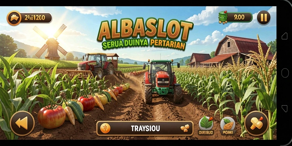 Tampilan gameplay ALBASLOT yang menampilkan aktivitas pertanian yang seru.