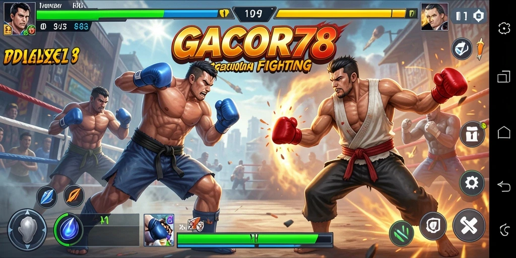 Screenshot utama GACOR78 menampilkan pertarungan seru antara karakter.