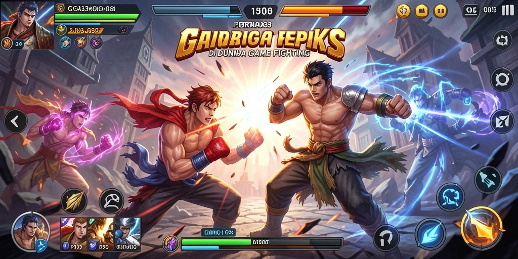 Screenshot gameplay GIGA33 menampilkan karakter bertarung dalam arena yang epik.