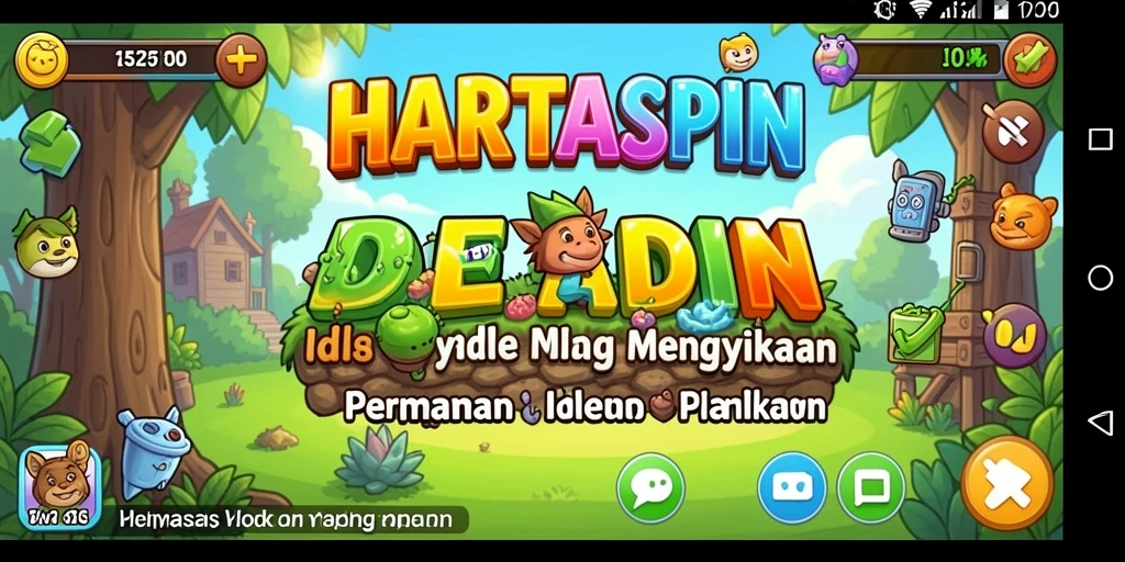 Tampilan gameplay HARTASPIN dengan grafis yang cerah dan karakter yang menarik.