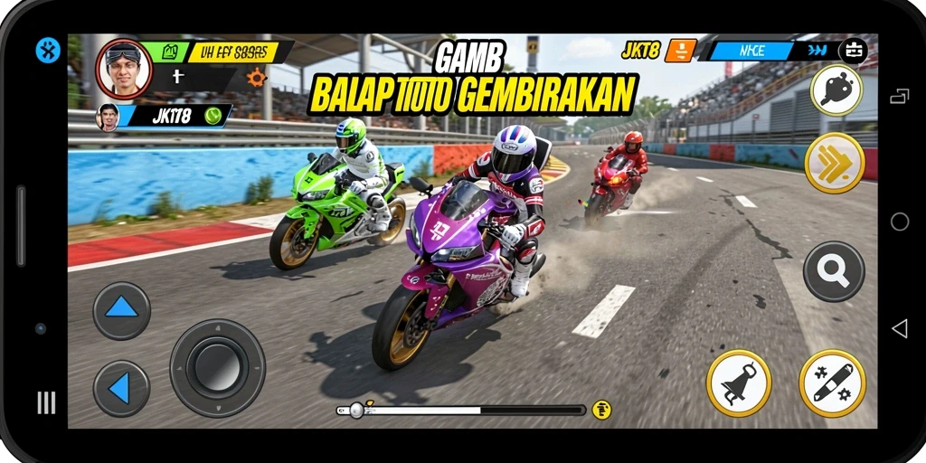 Screenshot gameplay JKT8 menampilkan aksi balap motor yang mendebarkan.