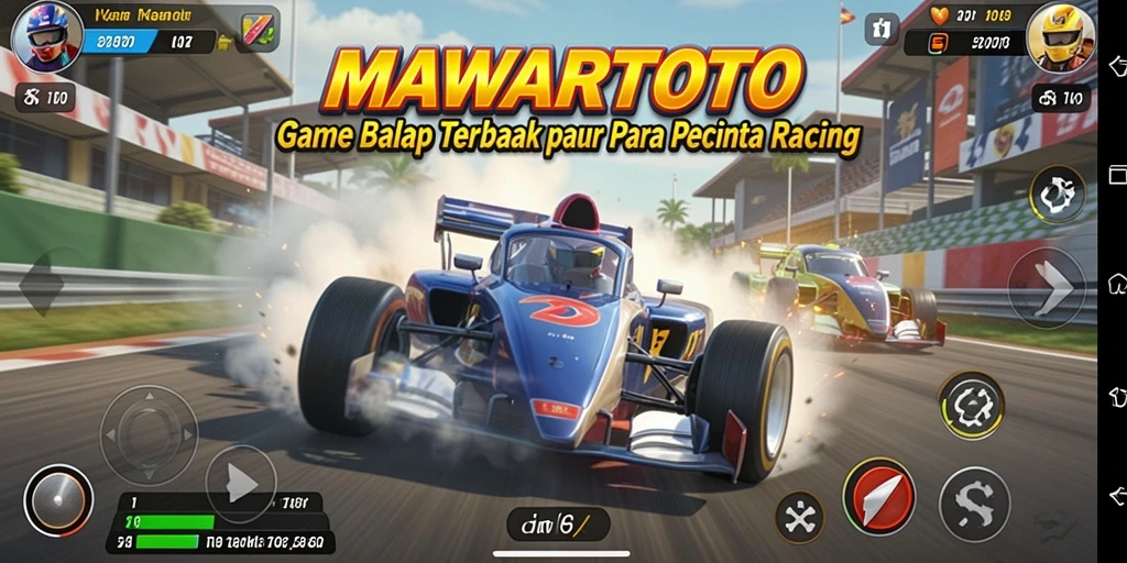 Screenshot gameplay MAWARTOTO menampilkan aksi balapan yang mendebarkan dan mobil futuristik.