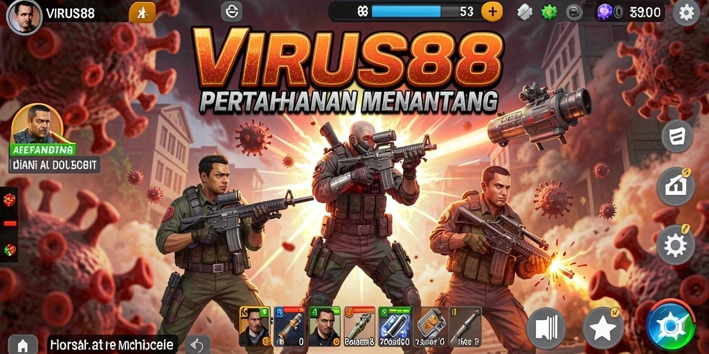 Tampilan gameplay VIRUS88 yang menegangkan di arena Tower Defense.