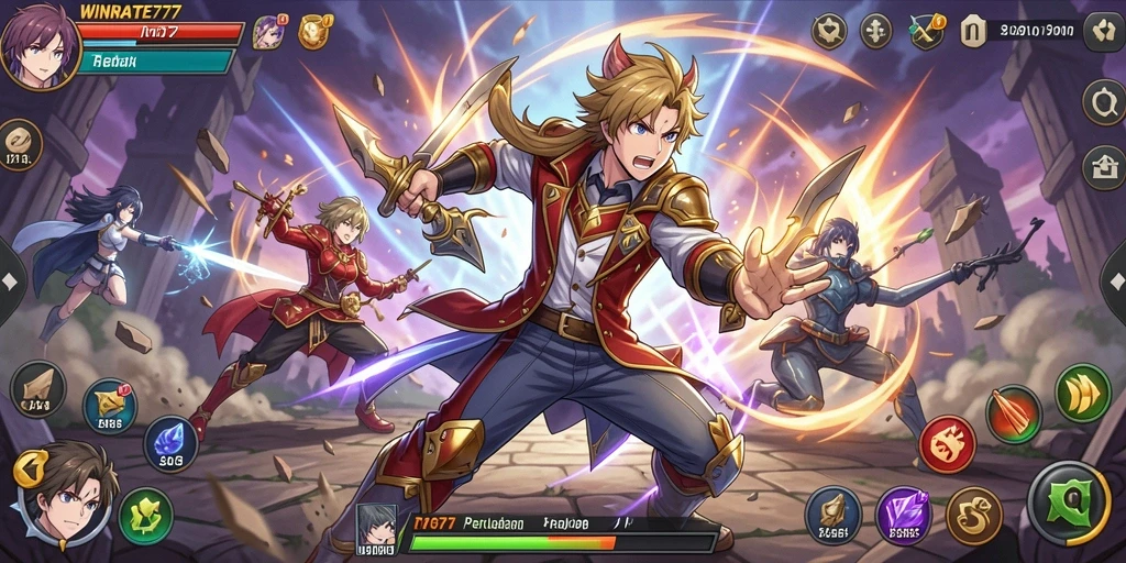Tampilan gameplay WINRATE777 menampilkan aksi karakter Anime yang penuh semangat.